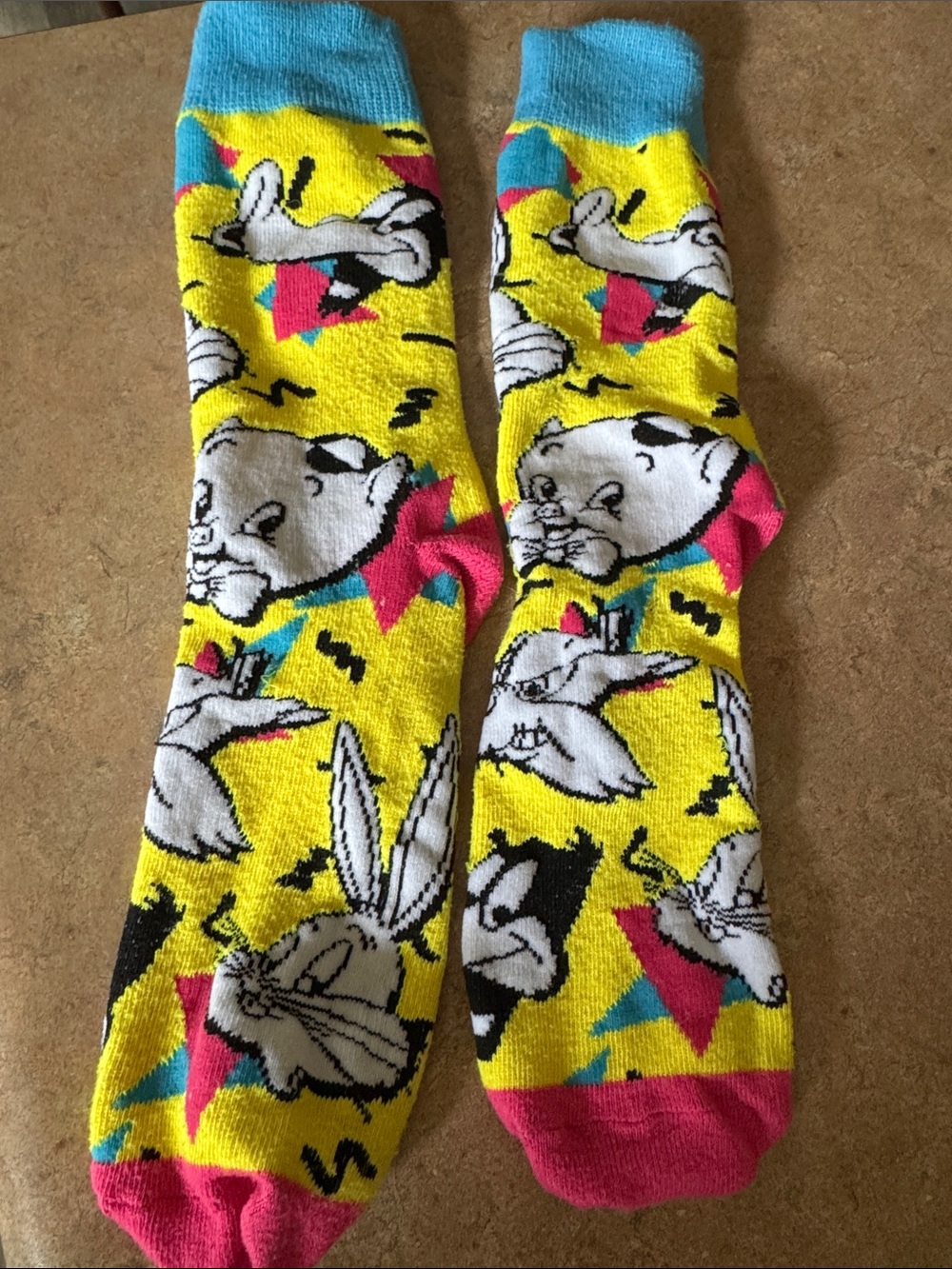 Adult Yellow Looney Tunes Crew Socks - Fun Pink & Blue Accents